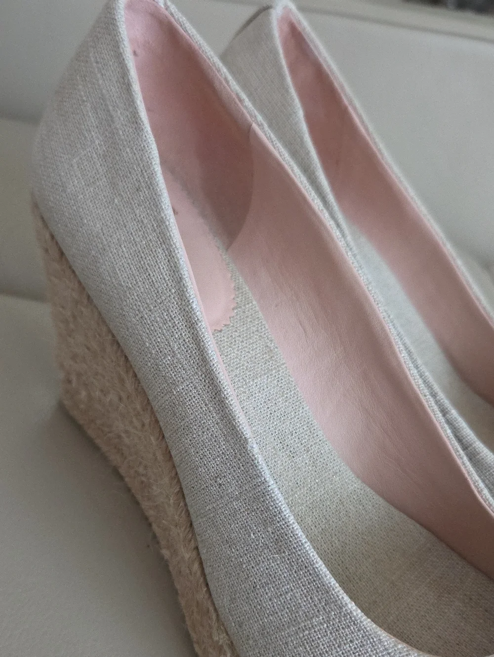 J. Crew Neutral Linen Espadrille Wedges with Pink Lining Size 9.5